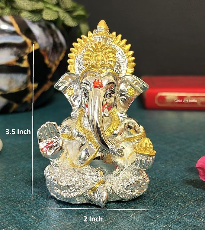 Gold Art India Silver Plated Ganesha Idol for car Dashboard Office & Home