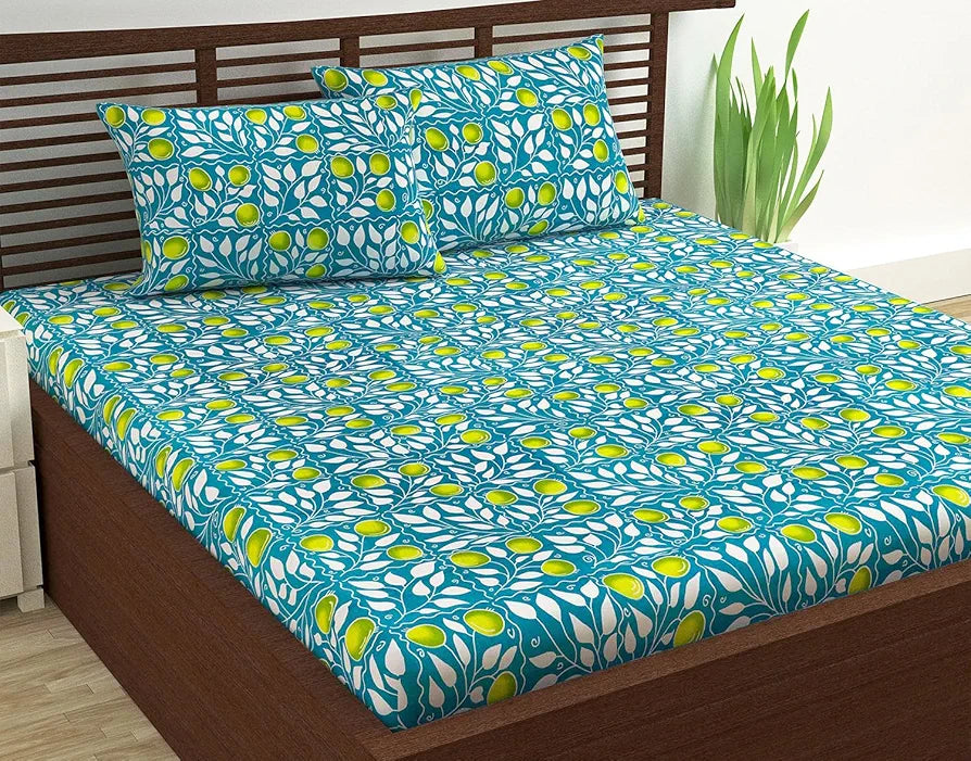 Divine Casa 144 TC 100% Cotton Bedsheet for Double Bed with 2 Pillow Cover Colour Teal & Yellow