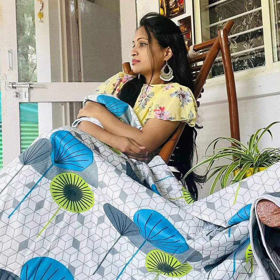 Divine Casa 100% Cotton Reversible Lightweight Printed Single Bed AC Dohar Blanket Colour White & Blue