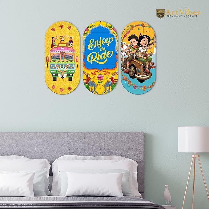 Artvibes Enjoy the Ride Travel Quote Wooden Wall Hanger for Home | Artworks | Set of 3
