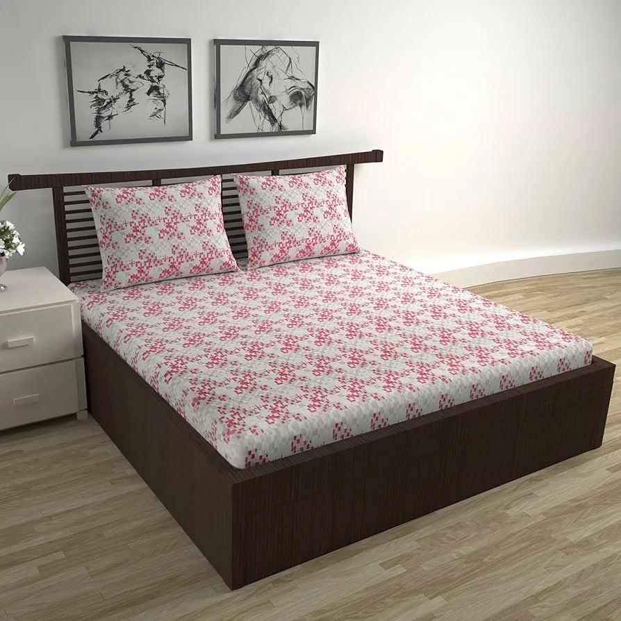 Divine Casa 144 TC Pure Cotton Double Bed Bedsheet with 2 Pillow Covers Mosaic Bloom Colour Ivory Red