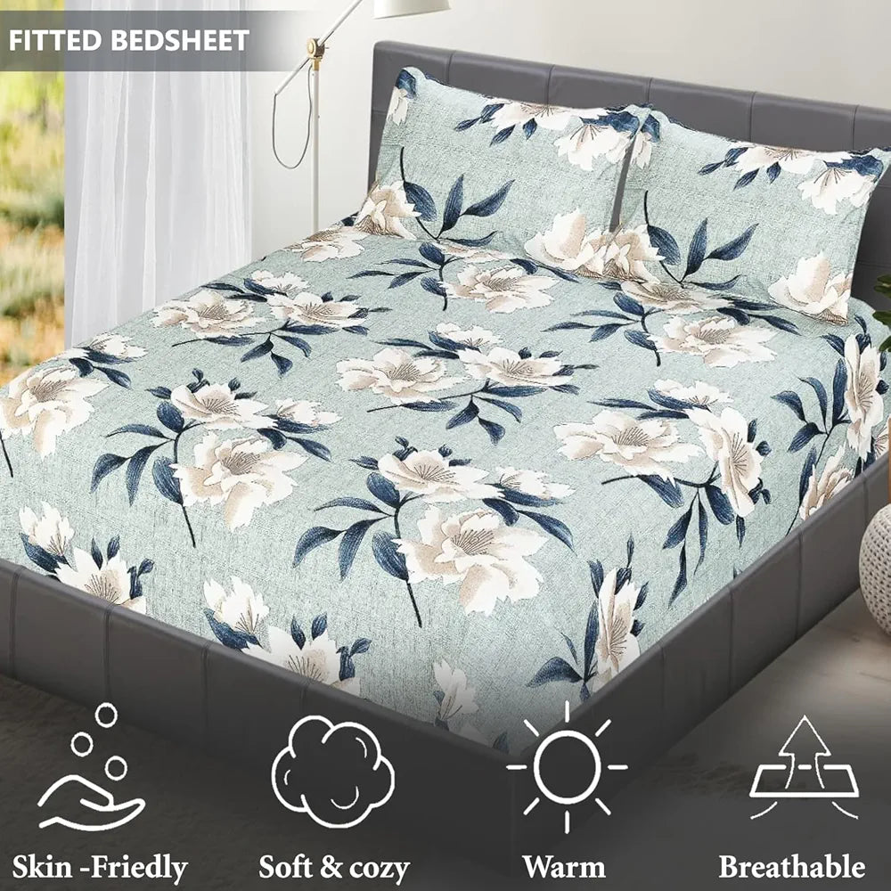 Fresh From Loom Elastic Fitted Floral Bed Sheets Cotton Fitted Bedsheet King Size Bed With Two Pillow Cover 144 TC