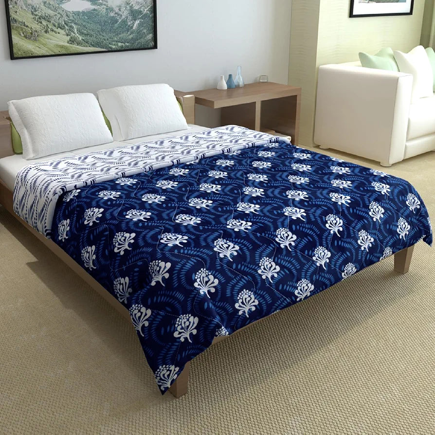 Divine Casa Microfibre Mild Winter Lightweight 120 GSM Printed Reversible Double Bed Size Quilt Comforter Blanket TC - 144 Colour Navy Blue and White