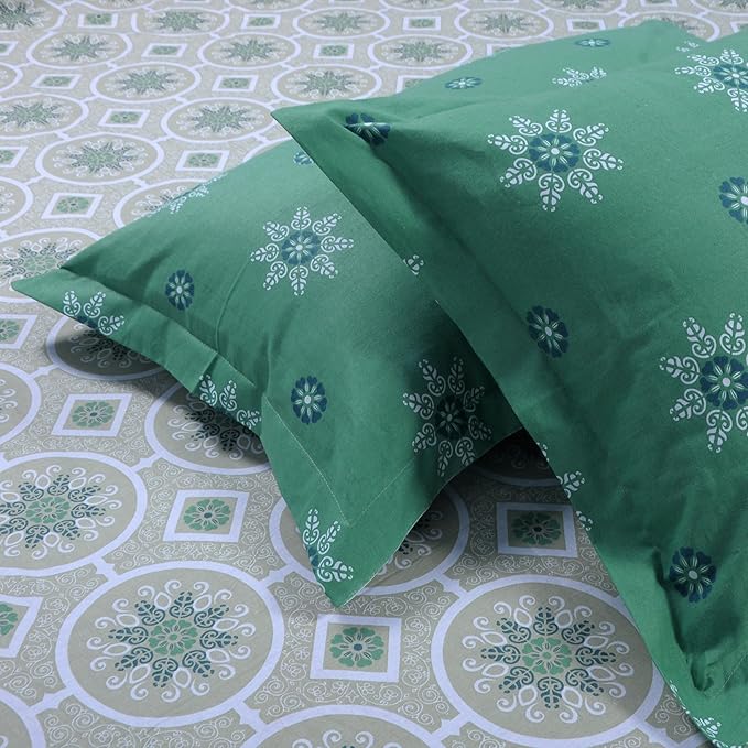 Huesland by Ahmedabad Cotton 144 TC King Size Bedsheet Cotton with 2 Pillow Covers | Mandala | Dark Green & Light Green