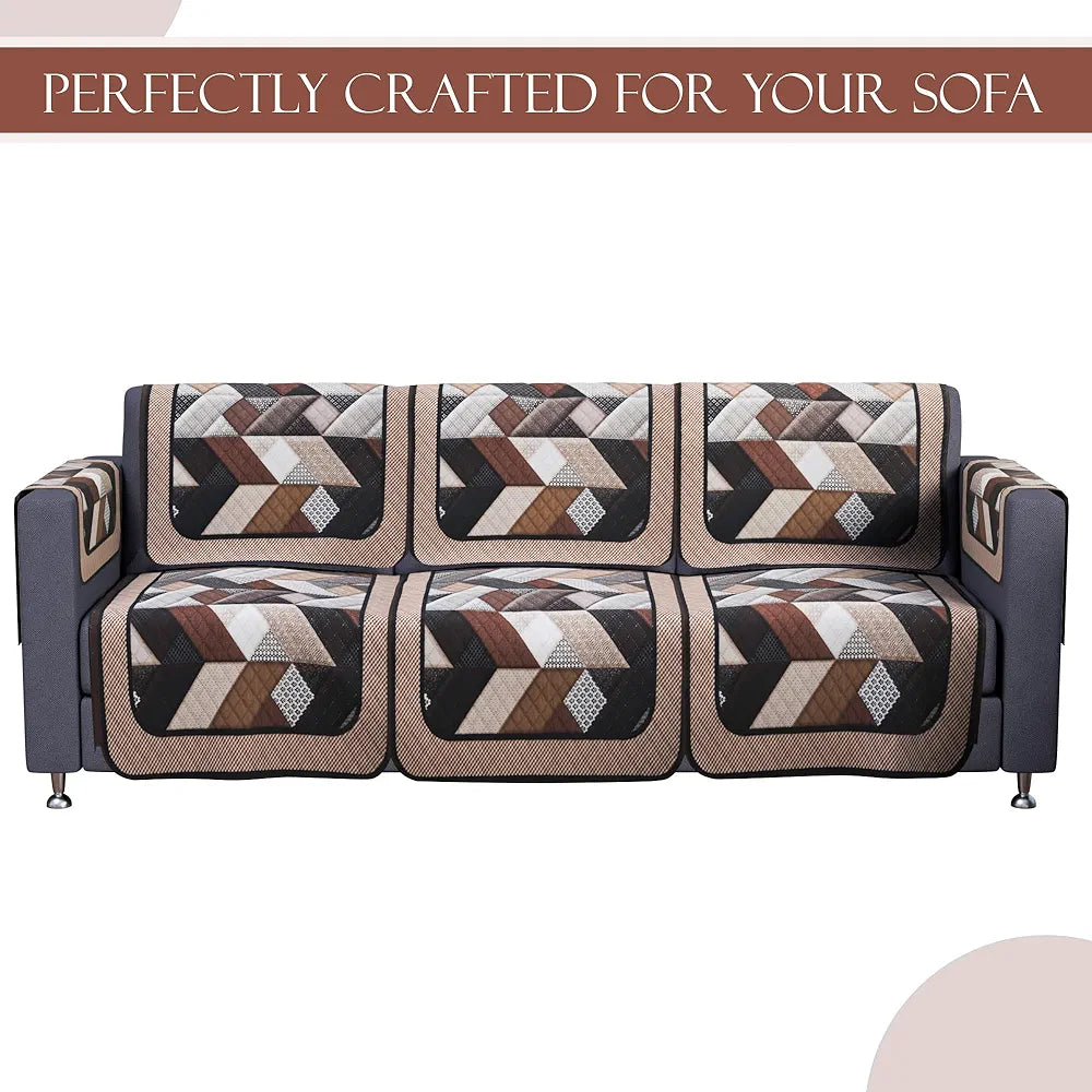 Kuber Industries Set of 16 Velvet Anti-Skid Sofa Cover 5-Seater with Arm Cover Triangular Cream & Brown