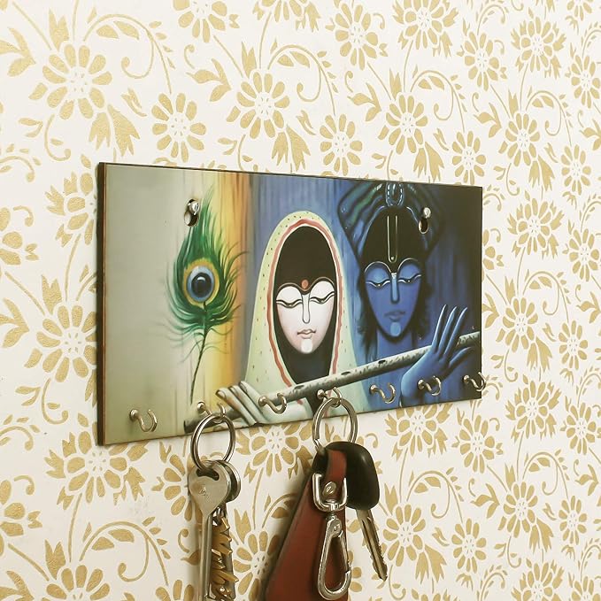 Ecraftindia Radhe Krishna Theme Wooden Key Holder With 7 Hooks