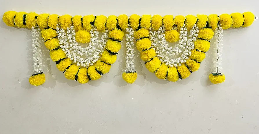 Artificial Marigold Fluffy Flowers Garlands Door Toran Set/Door Hangings Yellow with Jasmine and green leaves