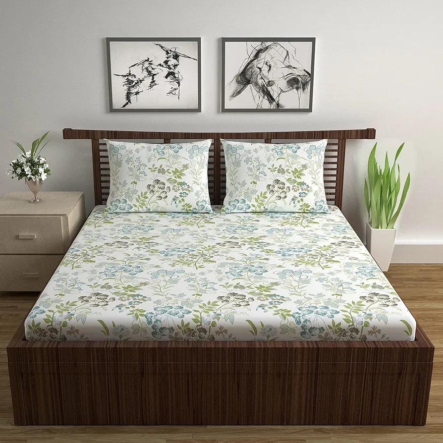 Divine Casa Double Size Bedsheet for Double Bed, 144 TC Pure Cotton Queen Size with 2 Pillow Covers Floral Colour Mint Blue