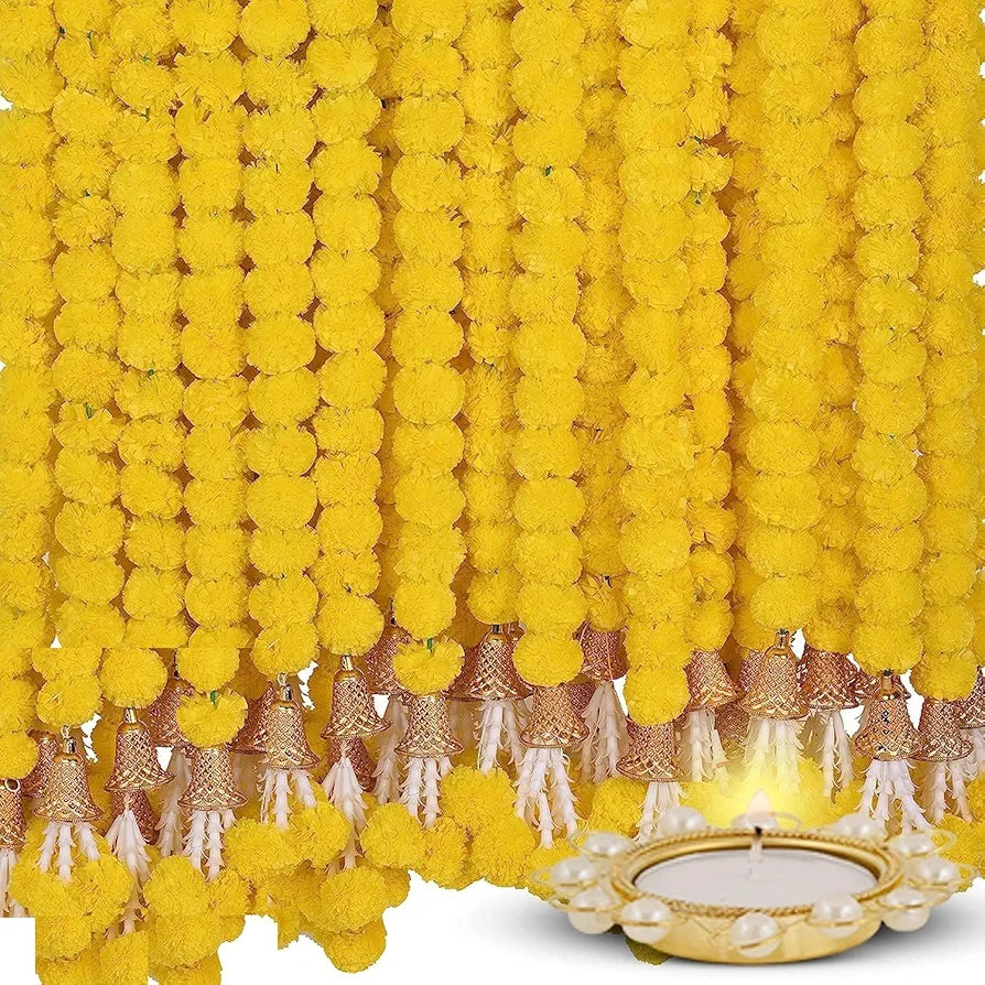 Artificial Marigold Flowers For Decoration Garland With Bell 5 Feet Long 5 Pcs With 1 Diya 5 Centimeters Yellow-Bell