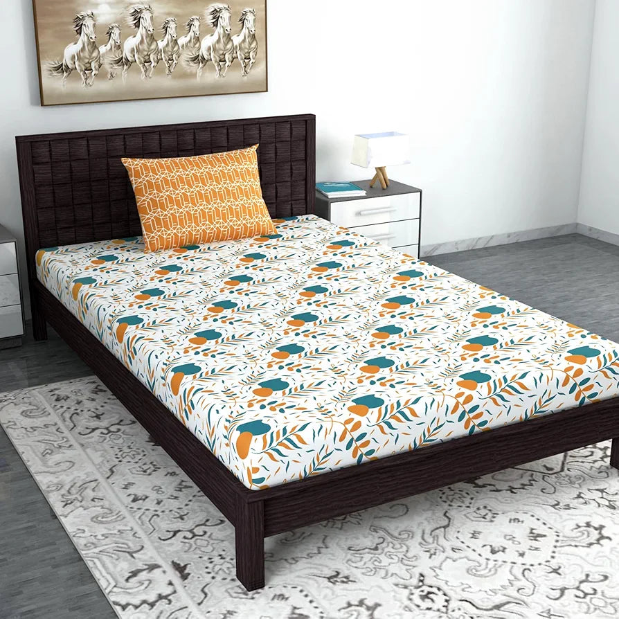 Divine Casa 144 TC Cotton Bedsheet for Single Bed with 1 Pillow Cover Colour Teal Mustard