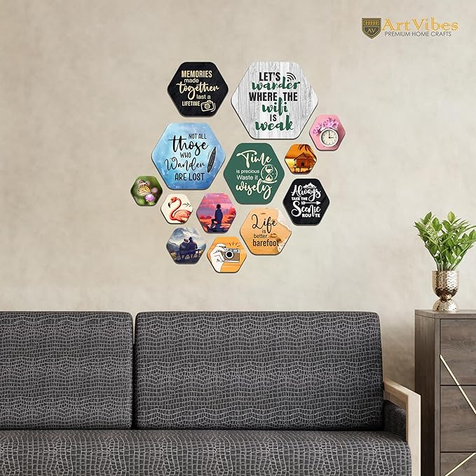 Artvibes Decorative Modern Wooden Wall Hanging Decoration for Home | Quotes Decor Item | Pack of 13 Pieces