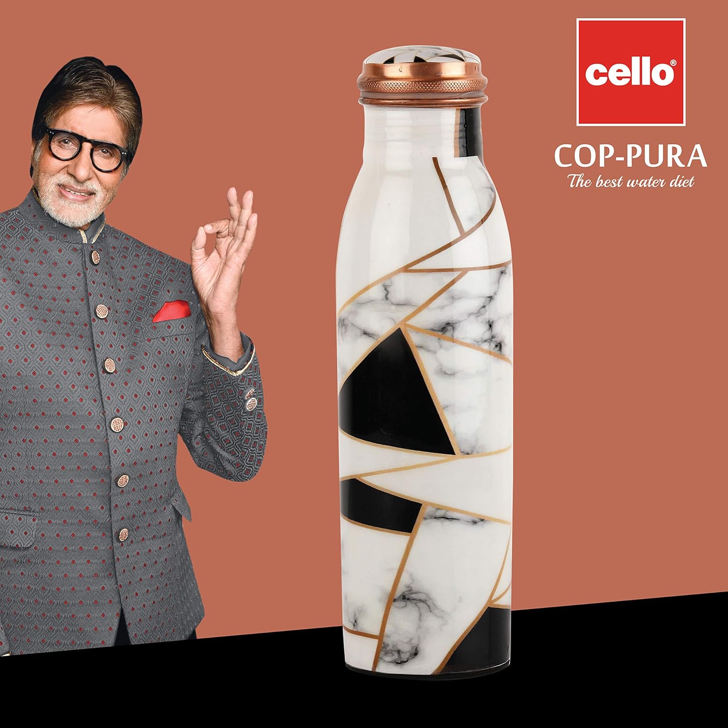 Cello Cop-pura Good Earth Copper Water Bottle | 1000ml | Marble