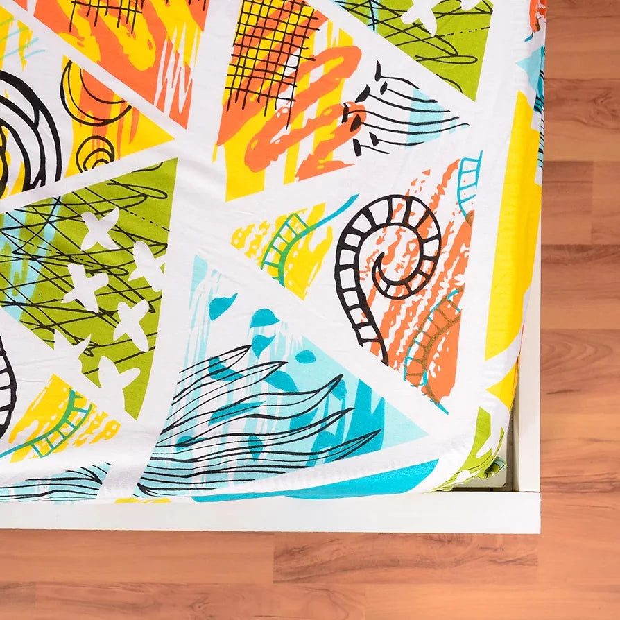 Divine Casa 144 TC Cotton Geometric Print Queen Size Double Bed Elastic Fitted Bedsheet with 2 Pillow Cover Colour Sunny Lime Punch