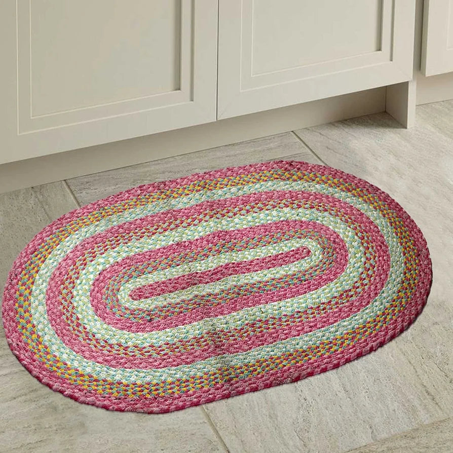 The Home Talk Oval Shape Handmade Cotton Carpets Braided Area Rugs Bedroom Pink