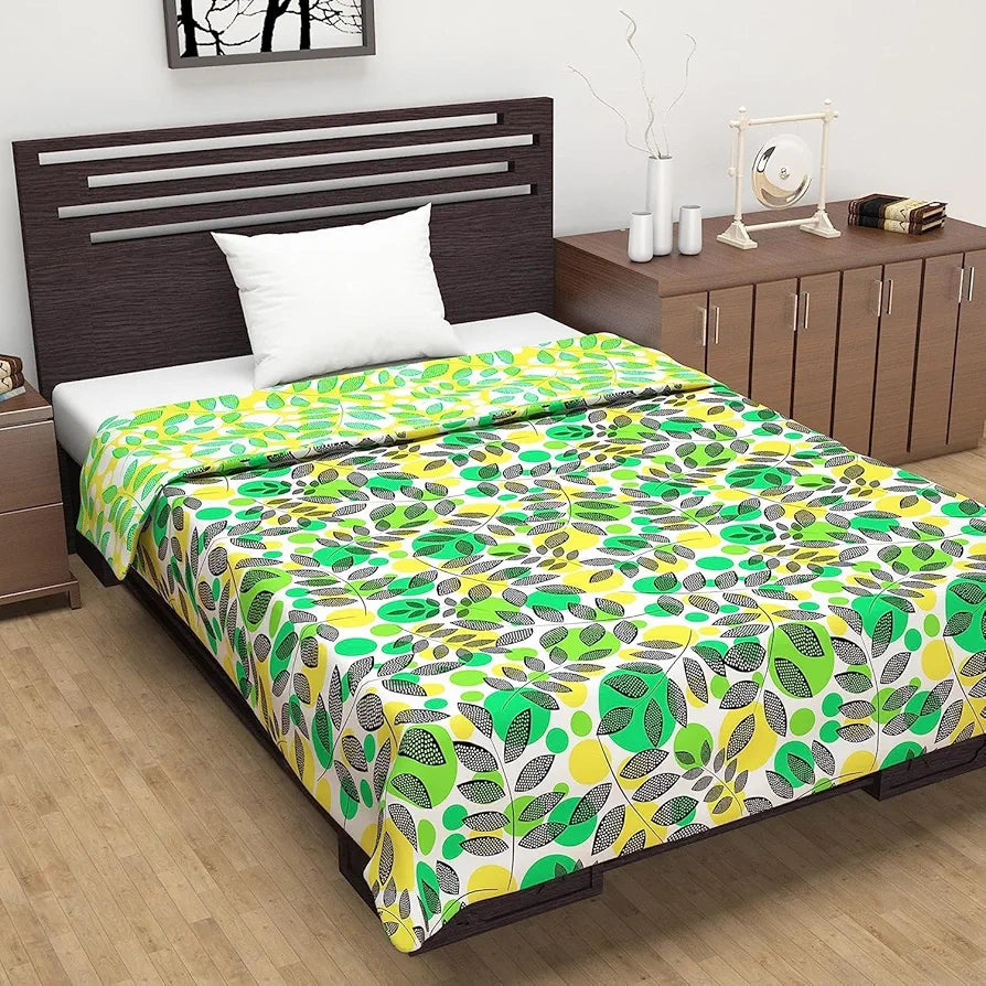 Divine Casa 120 GSM Microfiber Single Dohar Soft & Lightweight Throw Blanket Tropical Leaf Pattern Colour Green & Yellow