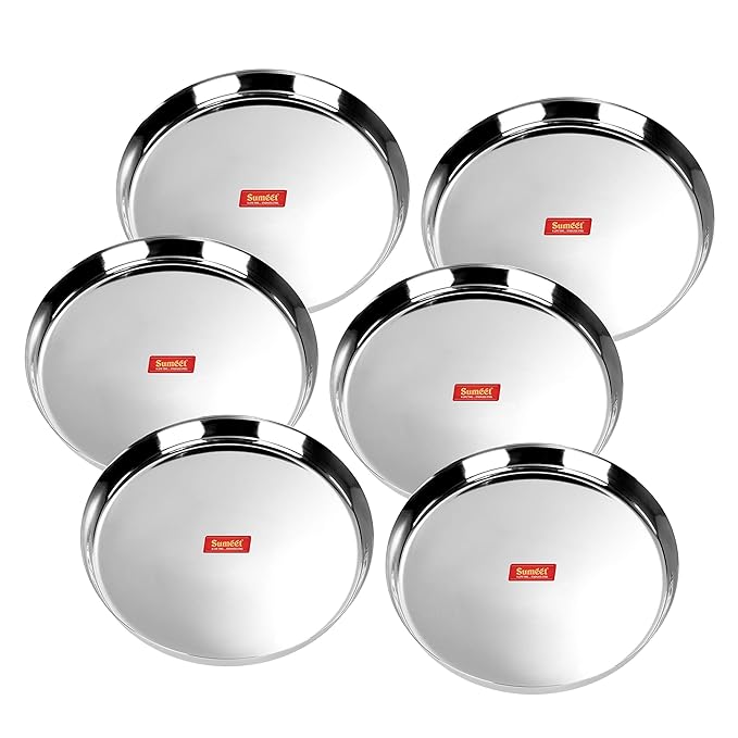 Sumeet 22 Gauge Stainless Steel Traditional Dinner Plate/Thali 28.5 Cm Set of 6pc