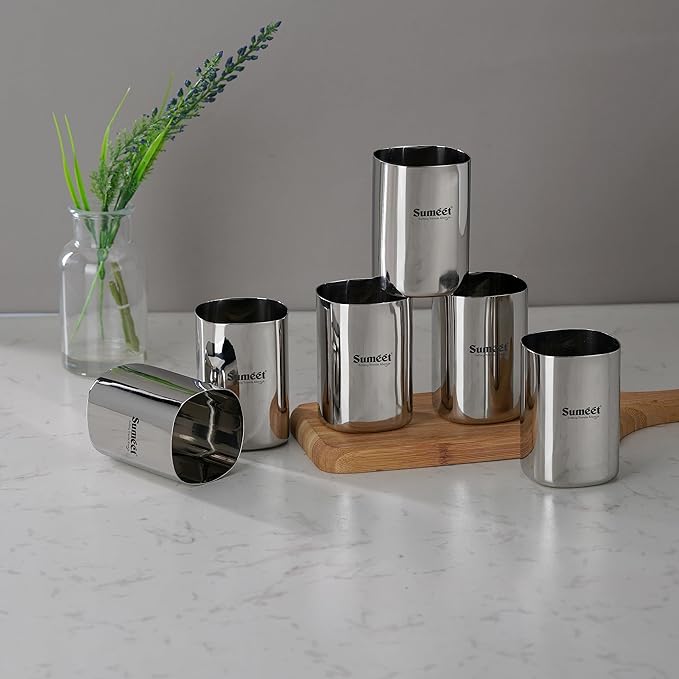 Sumeet Stainless Steel Mirror Finish Square Shape Heavy Gauge Glass Set of 6 Pcs 6.5cm 350ml Each