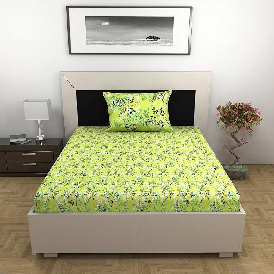 Divine Casa Bedsheet for Single Size Bed 144 TC Cotton Bedsheet for Single Size Bed with 1 Pillow Cover  Floral Colour Lime Breeze
