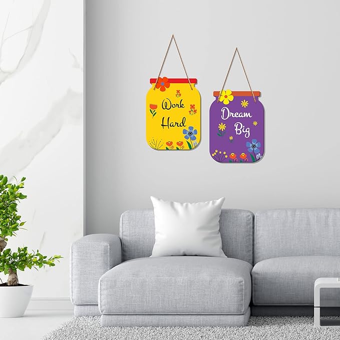 Artvibes Work Hard Quote Decorative Art Mdf Wooden Wall Hanger Ornaments for Living Room | Set of 2