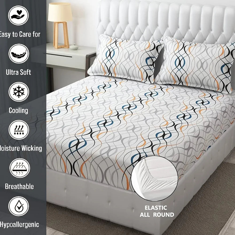 Fresh From Loom Soft Microfiber Fitted Floral Bedsheet King Size Bed With Two Pillow Cover Elastic Fitted Bed Sheets 144 Tc White