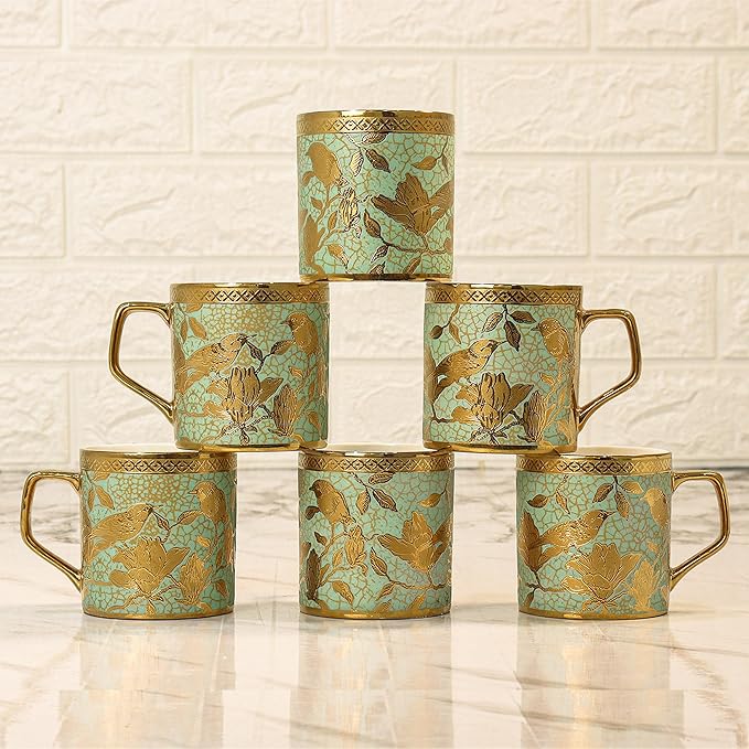 Femora Bone China Gloden Tea Cup | Weaver Love Green | 160 Ml