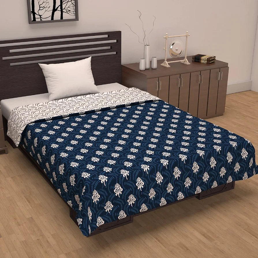 Divine Casa Printed Microfiber 120 GSM Reversible Dohar Blanket for Single Bed Lightweight AC Blanket Colour Navy Blue & White