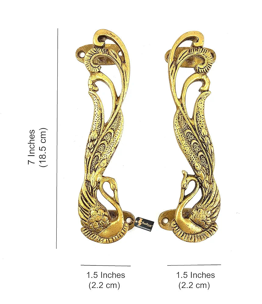 Two Moustaches Peacock Design 7 Inches Brass Door Handle Pair - Antique Yellow Standard