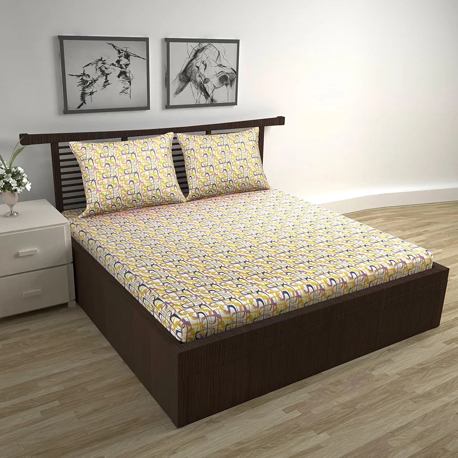 Divine Casa 144 TC Pure Cotton Double Size Bedsheet with 2 Pillow Covers Abstract Weave Colour Purple Yellow
