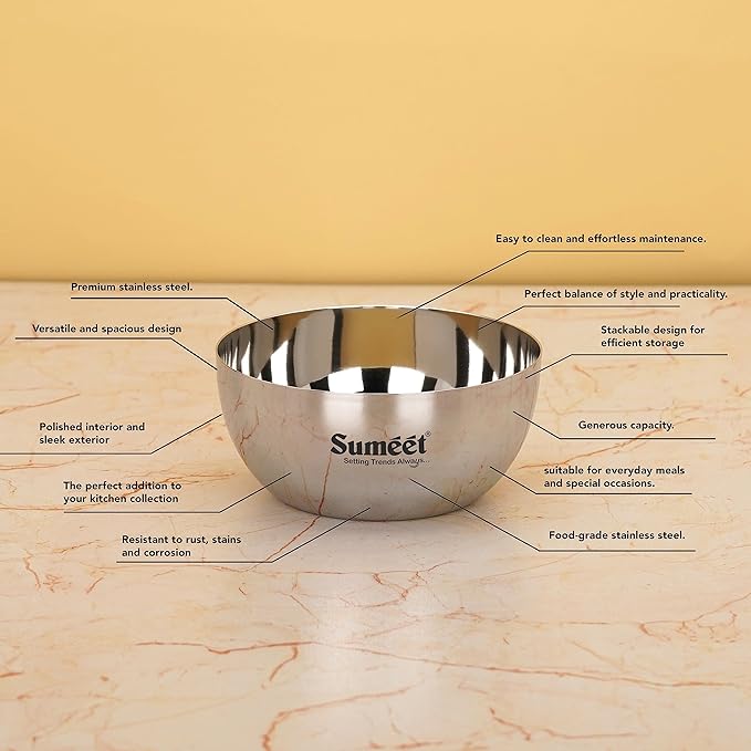 Sumeet Heavy Gauge Stainless Steel Big Size Apple Bowl 6 Pc 550 ml Each Silver