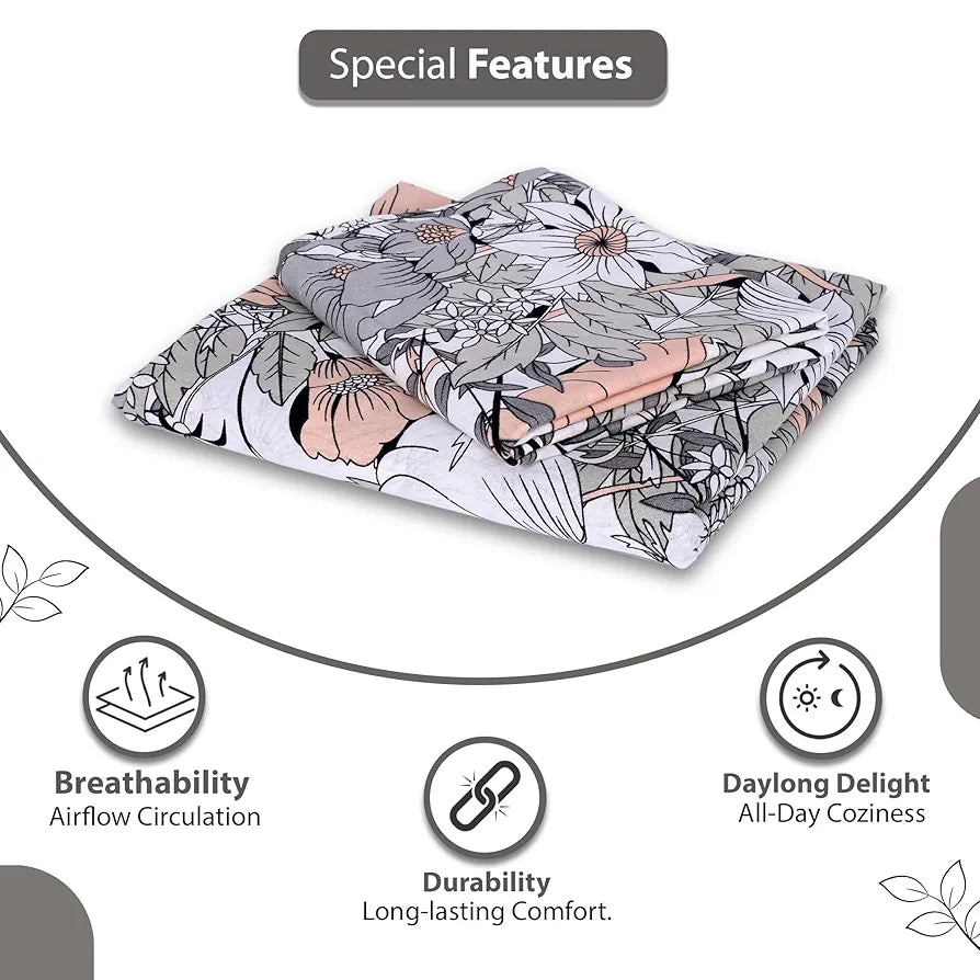 Divine Casa 144 TC Pure Cotton Single Bedsheet with 1 Pillow Cover Floral Pattern Colour Blush Grey