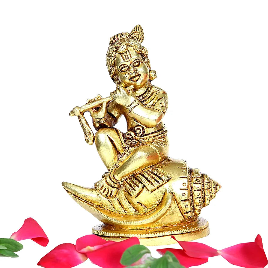 Anciently Shankh Balakrishna Idol Brass | Brass Shank Balakrishna Statue | Shank Krishna Sitting Statue 11.5cm Gold Colour - 