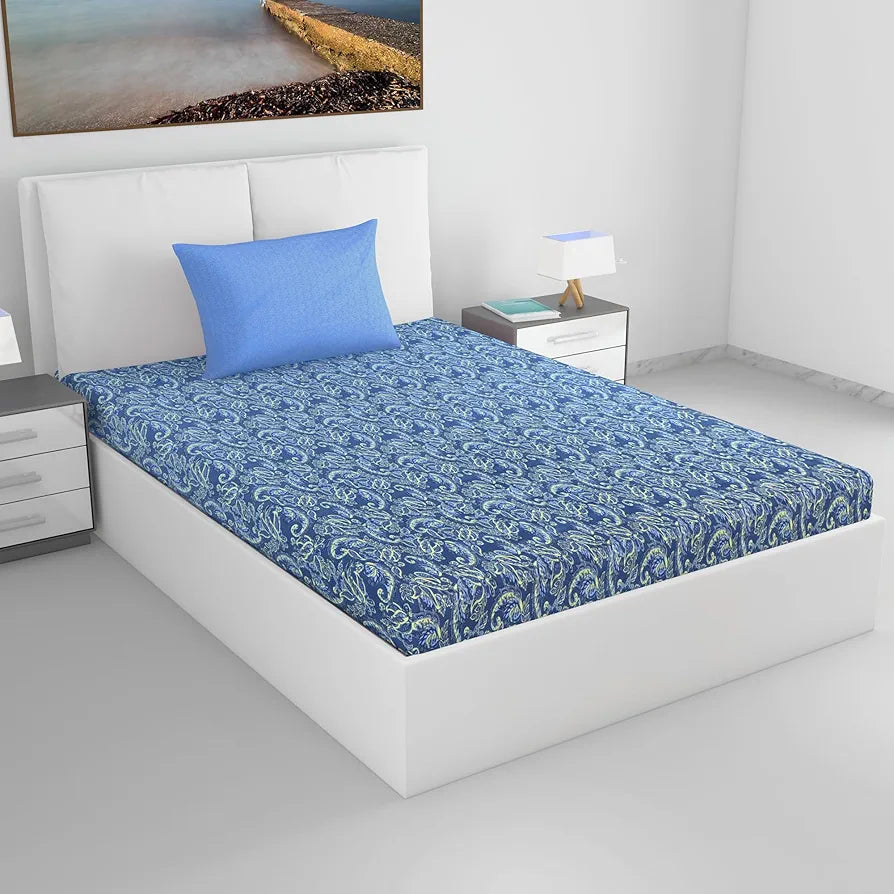 Divine Casa 144 TC 100% Pure Cotton Single Size Bedsheet with 1 Pillow Cover Floral Paisley Colour Beige Blue