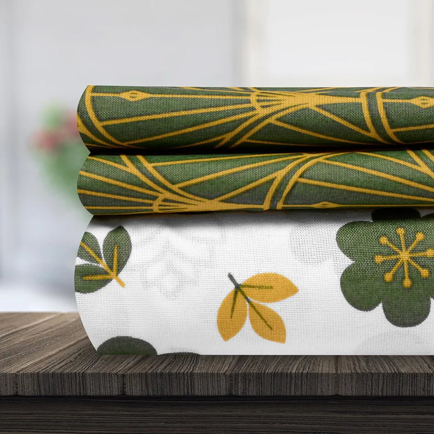 Divine Casa Double Size Bedsheet for Double Bed 144 TC Pure Cotton Queen Size with 2 Pillow Covers Floral Colour Mustard Green