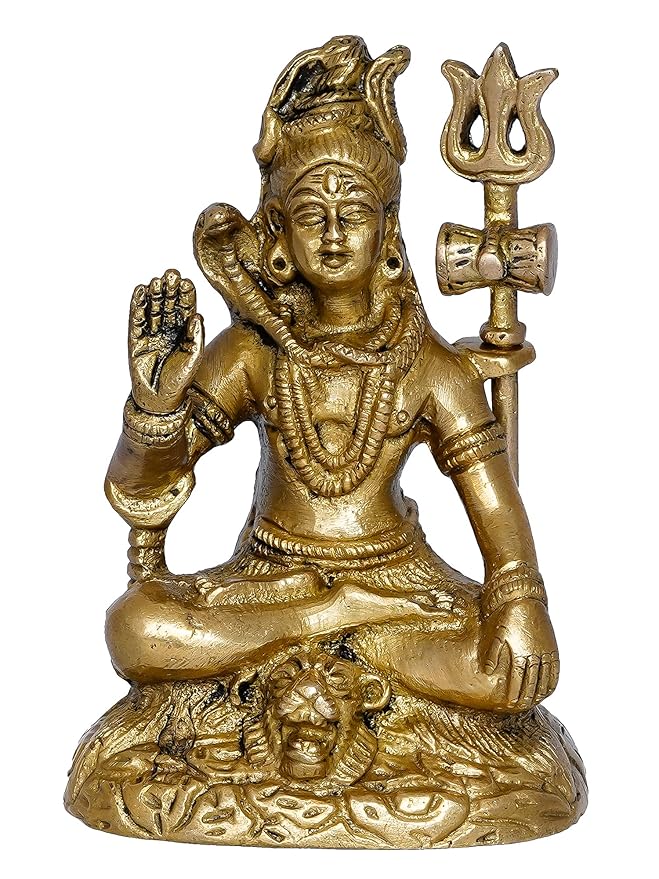 Ecraftindia Golden Brass Handcrafted Blessing Lord Shiva Statue With Trishul, Damru | Hindu God Idol for Puja Room