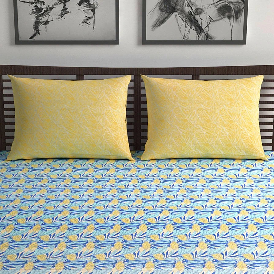 Divine Casa 144 TC 100% Pure Cotton Double Bed Bedsheet with 2 Pillow Covers Tropical Floral Colour Blue Yellow