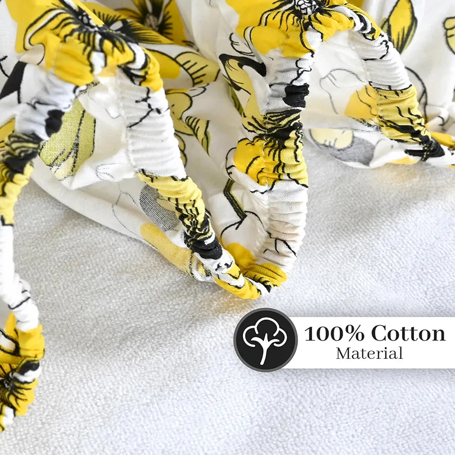 Divine Casa Floret 100% Cotton Double Fitted Bedsheet 144 TC Deep Pocket Design Colour Daffodil Yellow