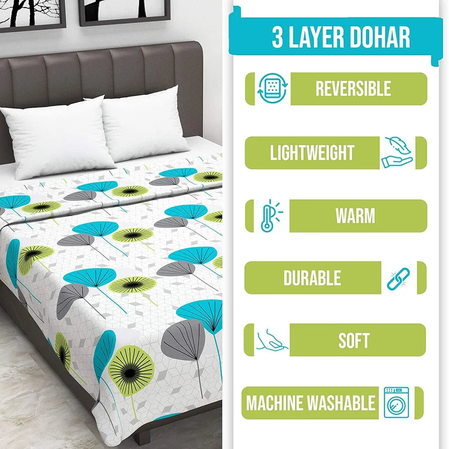 Divine Casa Glace Cotton 120 GSM Reversible Lightweight Printed Double Bed AC Dohar Blanket Quilt TC - 120 Colour White and Blue