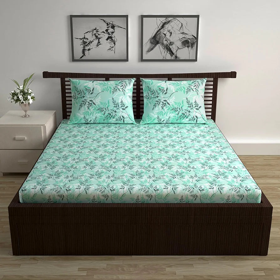 Divine Casa 144 TC 100% Cotton Double Bedsheet with 2 Pillow Covers Floral Pattern Colour Blue Mints