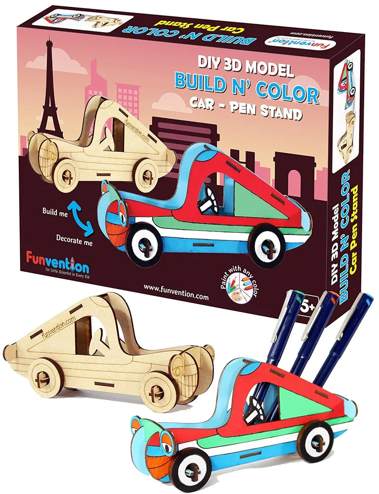 Funvention Car - 3D Coloring Model - DIY Desk Organizer Pen Stand - STEM Leanring 3D Puzzle Toy - Art, Coloring and Painting Kit for Kids - Birthday Return Gift,3D Mechanical Do IT Yourself Toy