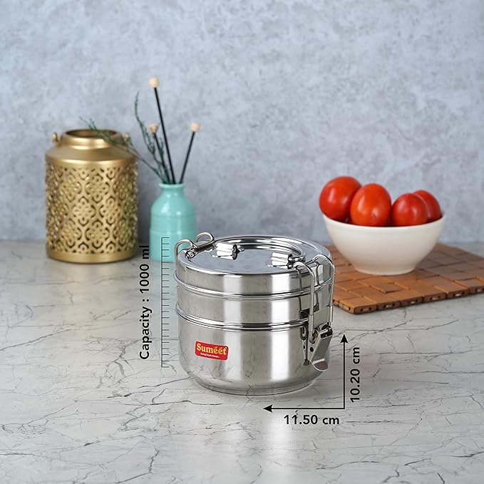 Sumeet Stainless Steel 2 Compartment Lunch Box/Tiffin Lid and Handle 11.5Cm (1000 ml Silver)