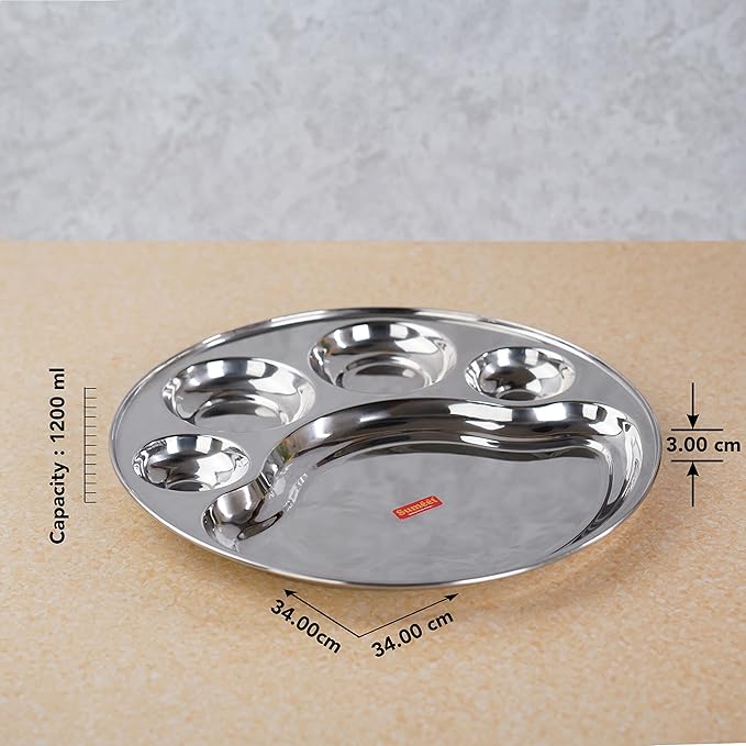 Sumeet Stainless Steel Round 5 in 1 Compartment Lunch Big Plates Set of 4Pcs 34cm Silver
