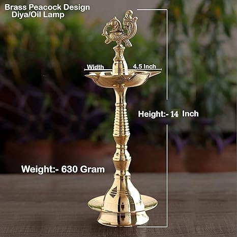 Indian Art Villa Pure Brass Shine Finish Stand Pillar Diya Deepak Lamp 14 Inches, Set of 2