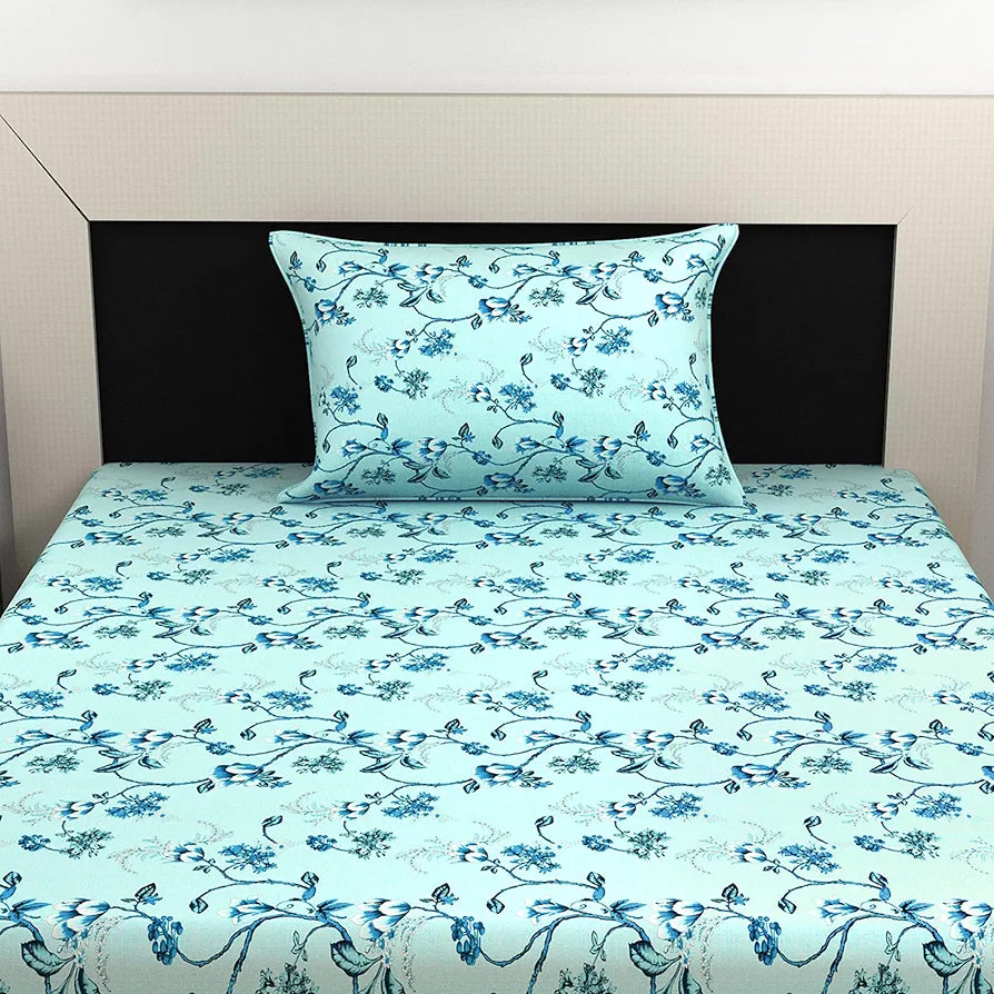 Divine Casa Bedsheet for Single Size Bed 144 TC Cotton Bedsheet for Single Size Bed with 1 Pillow Cover  Floral Colour Frost Blue