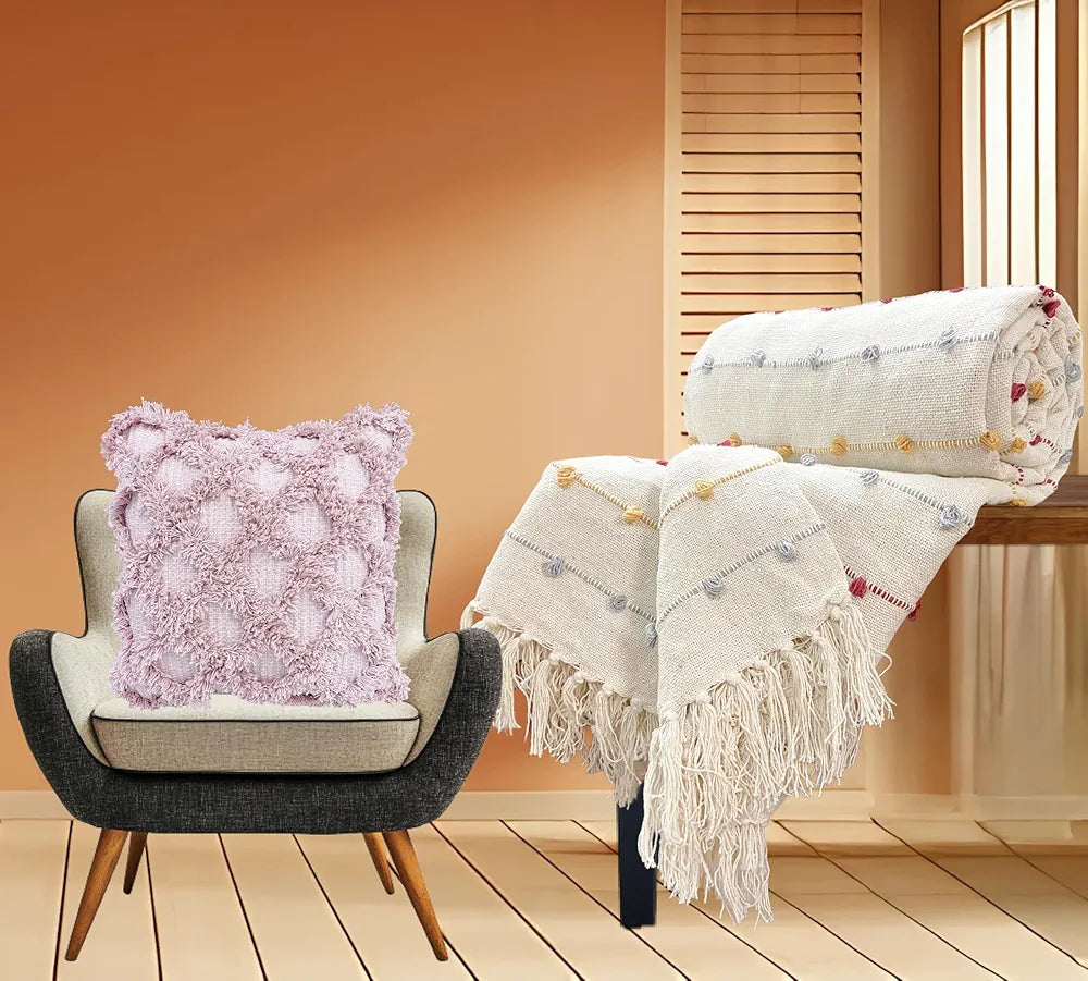 Sajavat Home Hand-Knitted Pure Cotton 3 Seater Sofa Colour Beige Multi Throw