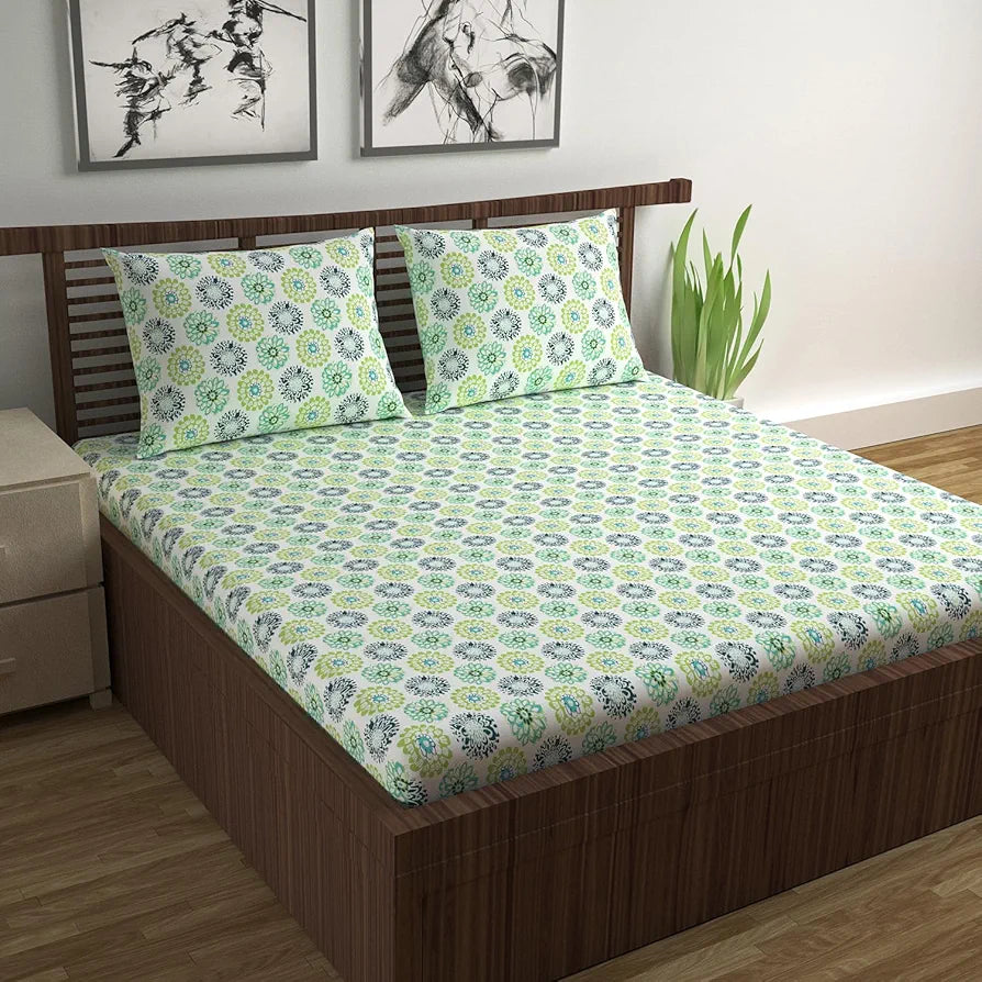 Divine Casa Double Size Bedsheet for Double Bed 144 TC Pure Cotton Queen Size with 2 Pillow Covers Floral Colour Green Blue