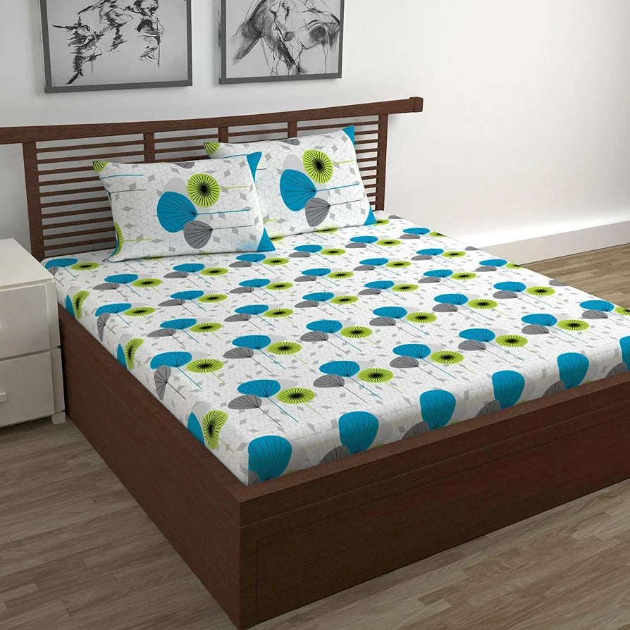 Divine Casa 144 TC 100% Cotton Bedsheet for Double Bed with 2 Pillow CoverColour Green & Blue