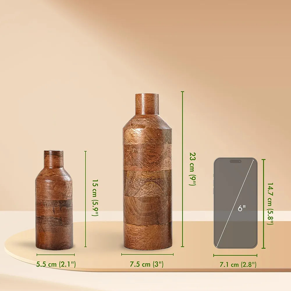 Behoma Wooden Flower Vase Set of 2 Bottle Shape Mango Wood Vases Walnut Dark Brown Flowers not Included