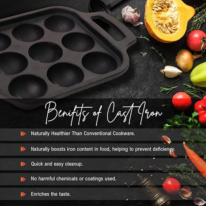 Solara Pre Seasoned Cast Iron Paniyaram Pan 9 Cavities 20 Cm Appam Patra, Paniyarakkal Pan | Cast Iron Cookware