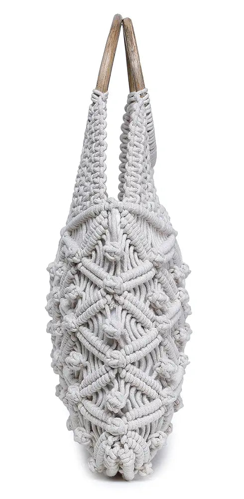 Klondon Alii And Aliizey Off-white Macrame Braided Wooden Handle Handbag