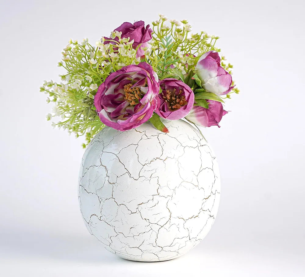 Behoma Metal Ball Vase for Home Decor Off-White Crackled Medium Flowers not Included
